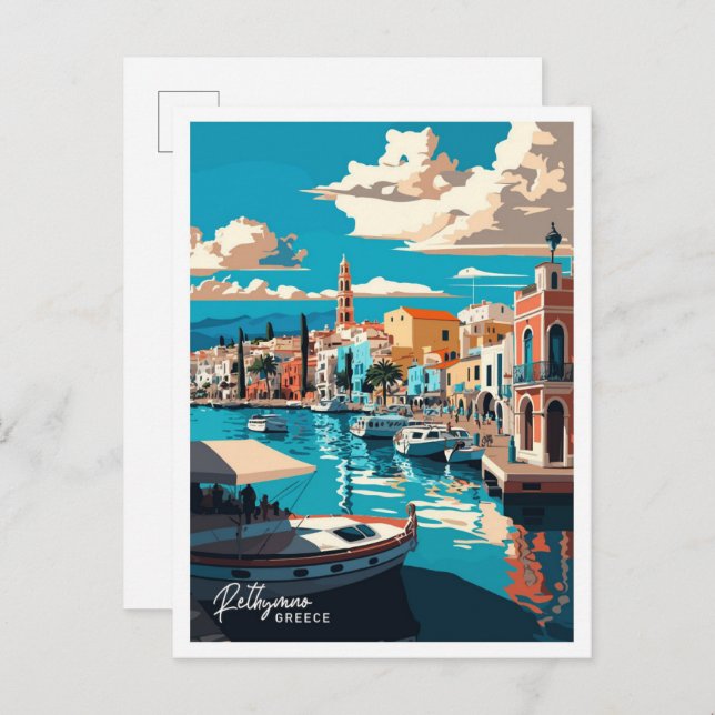 Rethymno Greece Travel Vintage Illustration Postcard (Front/Back)