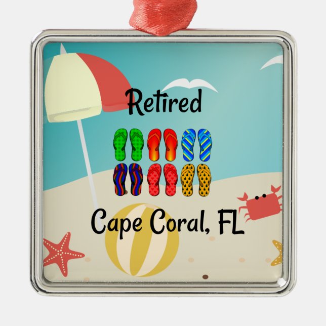 Retired, Cape Coral, FL, beach design, Metal Ornament (Front)