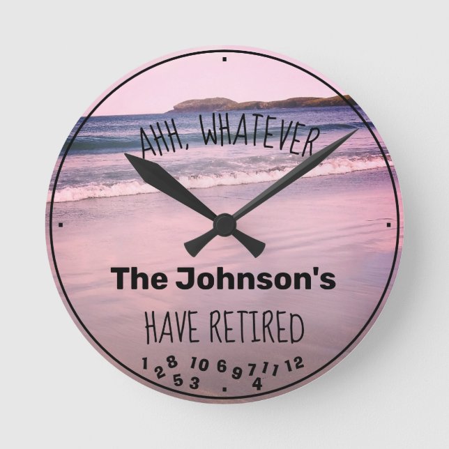 Retired Couple Family Name Fun Beach Retirement Round Clock (Front)