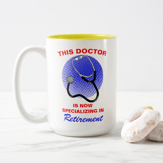 Retired Doctor Funny Retirement Saying Two-Tone Coffee Mug (With Donut)