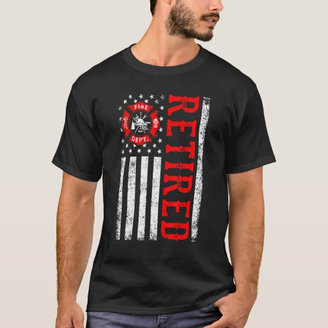 Retired Firefighter American Flag Funny Retirement T-Shirt (Front)