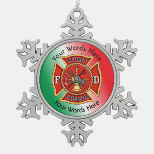Retired Firefighter Maltese Cross Snowflake Pewter Christmas Ornament