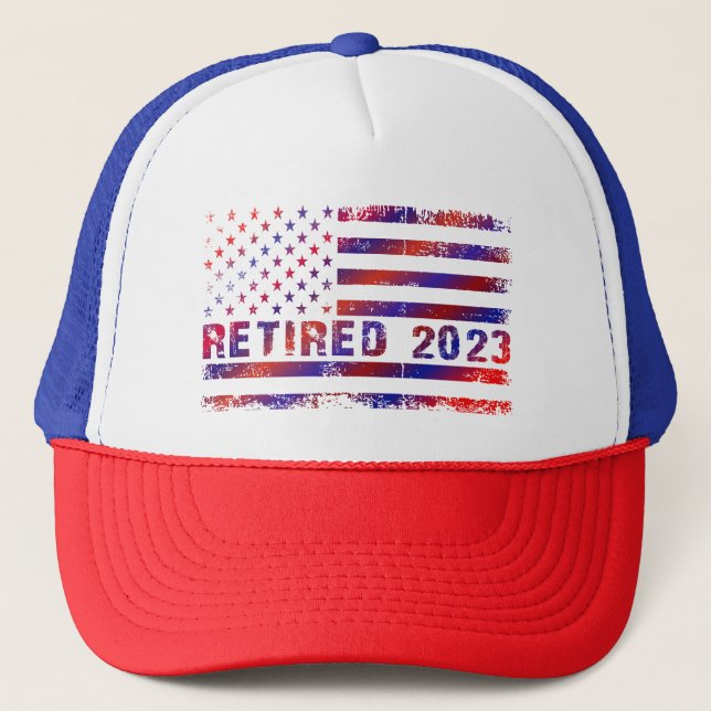Retired flag red and blue 2023 trucker hat (Front)