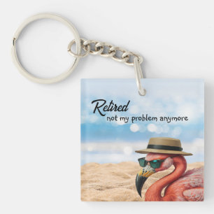 Retired Flamingo on Beach with Hat & Sunglasses Key Ring