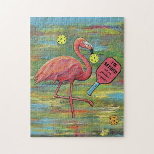 Retired Flamingo Playing Pickleball Watercolor Jigsaw Puzzle