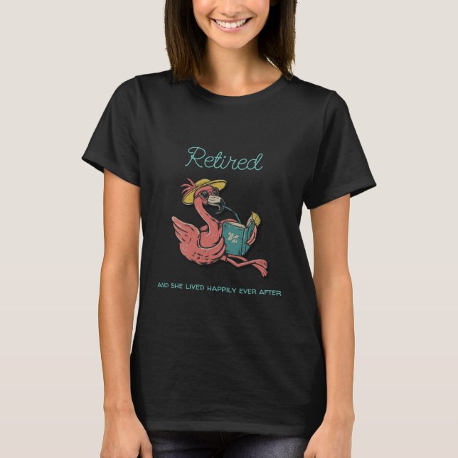 Retired Flamingo Reading Book With Tropical Drink T-Shirt (Front)
