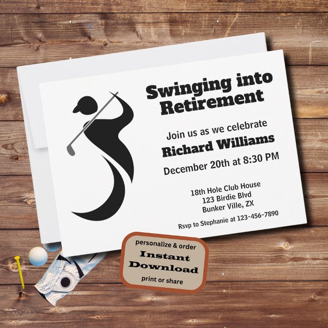 Retired golf player modern swinging golfer invitation (Creator Uploaded)
