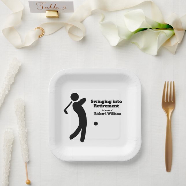 Retired Golf Player Swinging into Retirement moder Paper Plate (Wedding)