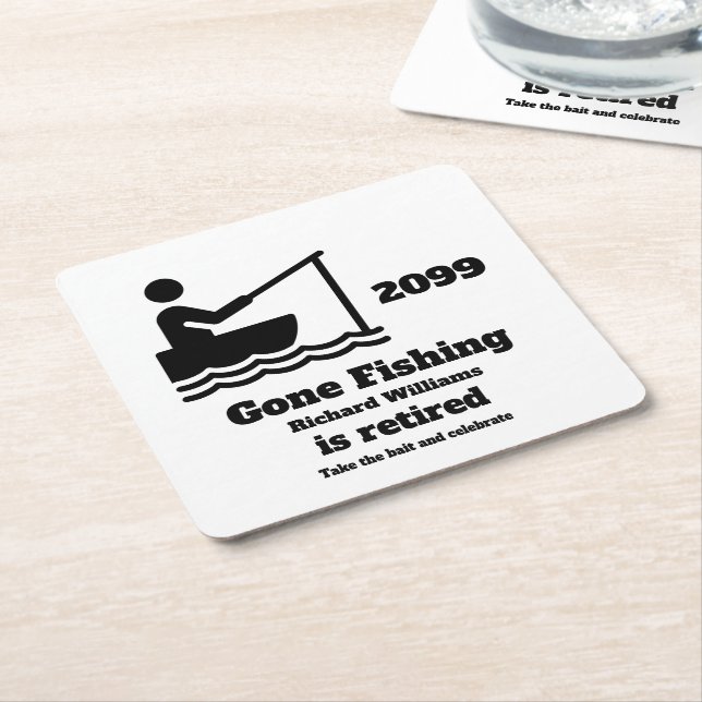 Retired Gone Fishing Modern Minimalist Retirement Square Paper Coaster (Angled)