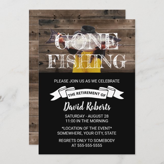 Retired Gone Fishing Rustic Barn Wood Retirement Invitation (Front/Back)