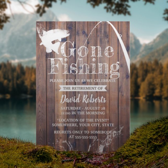 Retired Gone Fishing Rustic Wood Retirement Invitation (Creator Uploaded)