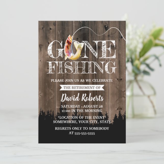 Retired Gone Fishing Trout Outdoors Retirement Invitation (Standing Front)