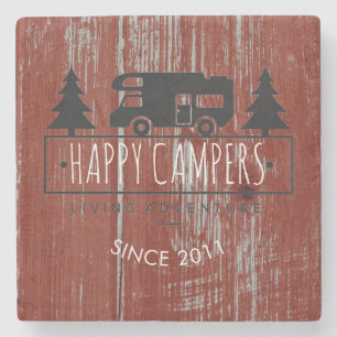 Retired Happy Campers Rustic Wood Barn Red Date Stone Coaster