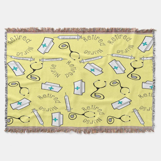 Retired Nurse Caps Stethocopes and Syringes Yellow Throw Blanket (Front)