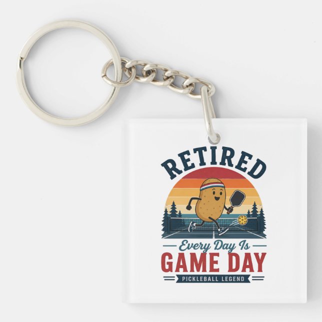 Retired Pickleball Legend Funny Potato Player Vint Key Ring (Front)