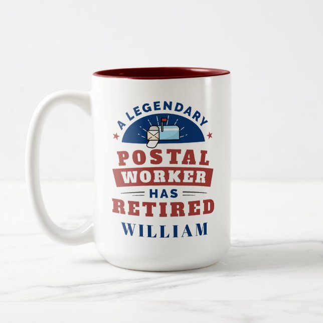 Retired Postal Worker Mailman Retirement Funny Two-Tone Coffee Mug (Left)