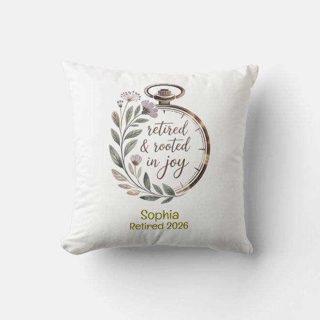 Retired & Rooted in Joy Personalized Name Year Cushion (Front)
