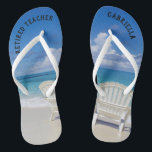 Retired Teacher Beach With Chairs In Sand Thongs<br><div class="desc">The perfect gift for retiring teacher!  Just in time to wear flip flops to the beach everyday.  There's a calm beach scene with the ocean and two chairs in the sand. They have "Retired teacher" on them.  On the right flip flop personalise with your name.</div>