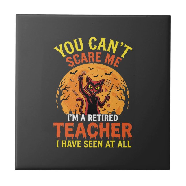 Retired Teacher Halloween Pumpkin Cat Design_1 Ceramic Tile (Front)