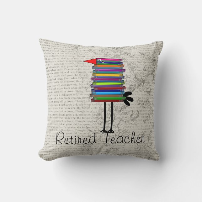 Retired Teacher Whimsical Book Bird  Pillow (Front)