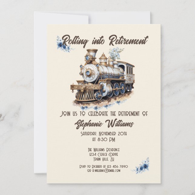 Retired Travel Theme Rolling into Retirement Train Invitation (Front)