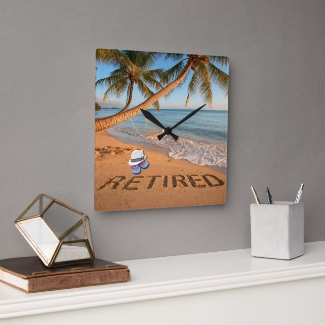 Retired Written in Sand Tropical Florida Beach Square Wall Clock (Office)