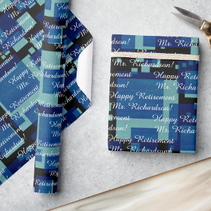 Retirement Add YOUR Text Blue Teal Mid Century Wrapping Paper