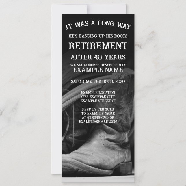 Retirement announcement with cowboy hat and boots (Front)