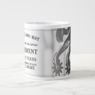 Retirement announcement with old spurs large coffee mug