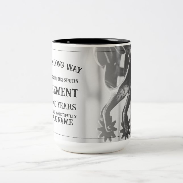 Retirement announcement with old spurs Two-Tone coffee mug (Center)