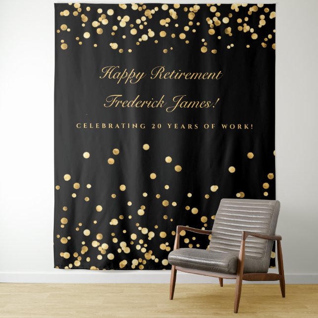 Retirement Backdrop, Photobooth Backdrop, Gold Tapestry (In Situ)