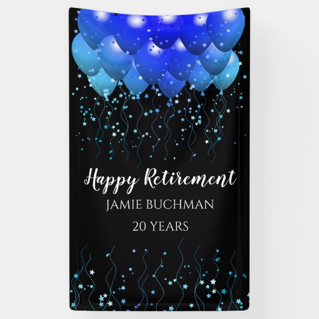 Retirement Balloons Star Confetti Black Banner (Vertical)