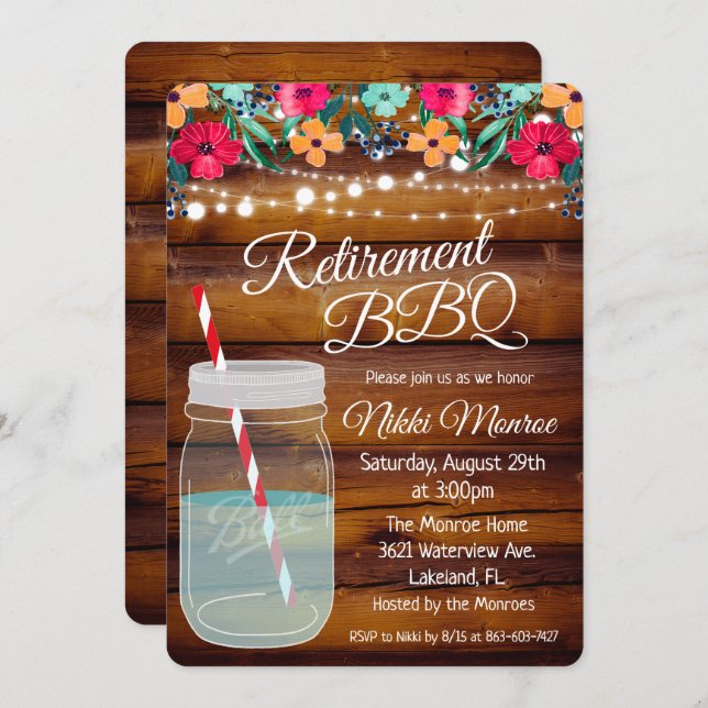 Retirement BBQ Mason Jar Invitation (Front/Back)