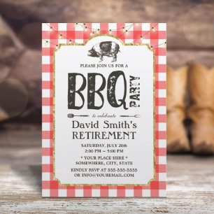 Retirement BBQ Party String Lights Red Plaid Invitation