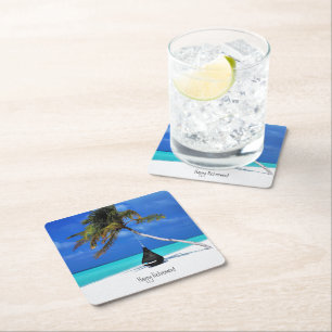 Retirement/Beach and Palm Tree Square Paper Coaster