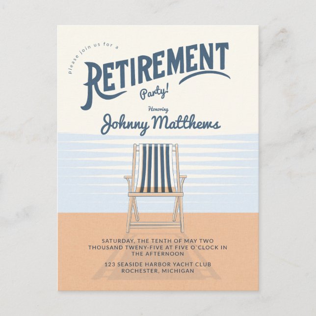 Retirement beach chair postcard invitation (Front)