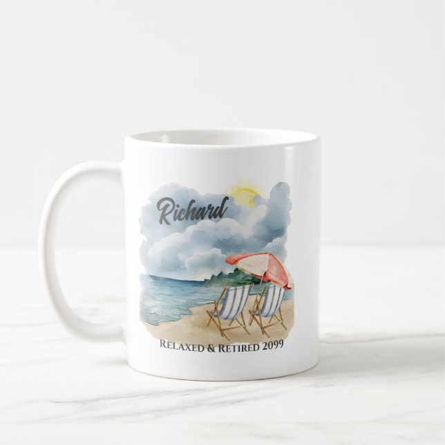 Retirement Beach Chair Themed Coffee Mug (Left)