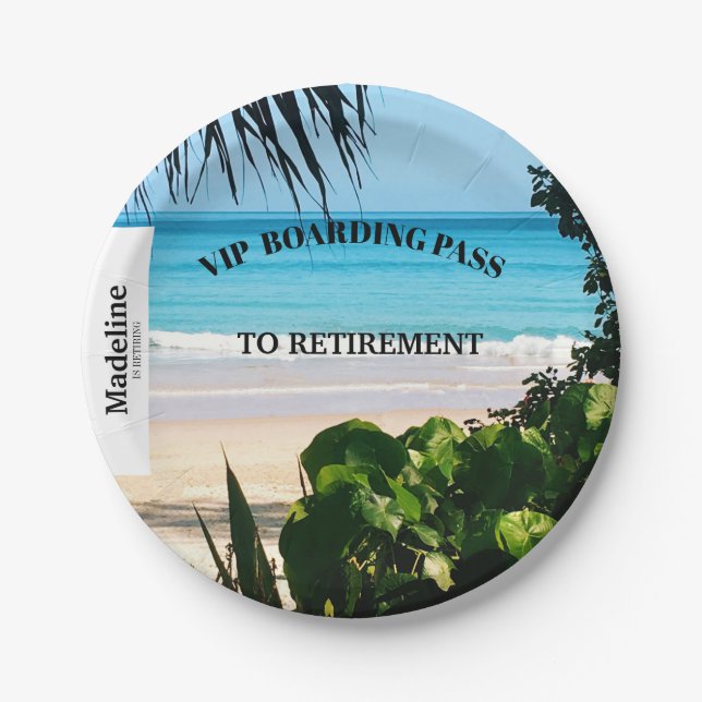 Retirement Beach Scene Boarding Pass Destination   Paper Plate (Front)