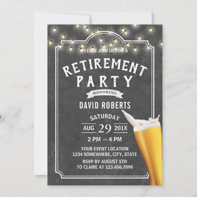 Retirement Beer Cheers String Lights Chalkboard Invitation (Front)