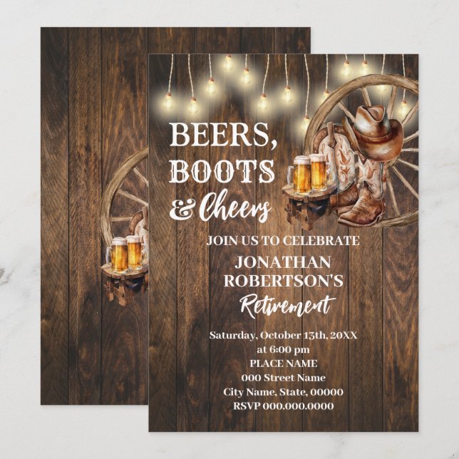 Retirement Beers Boots & Cheers Western Party Invitation (Front/Back)