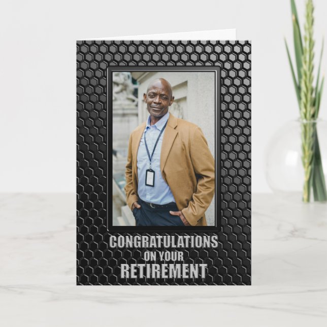 Retirement Black Geometric Pattern Custom Photo Card (Front)