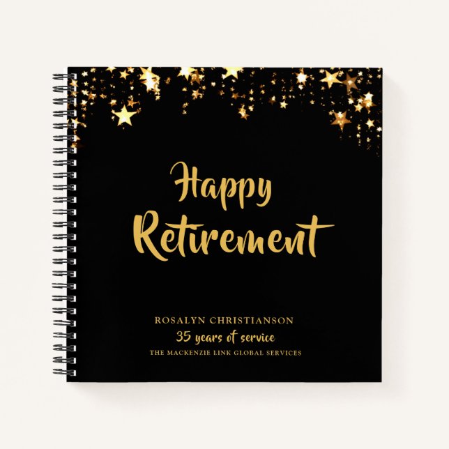 Retirement Black Gold Stars Years of Service Name Notebook (Front)