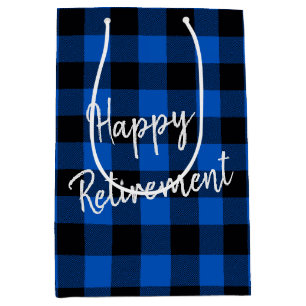 Retirement Blue and Black Buffalo Plaid Medium Gift Bag