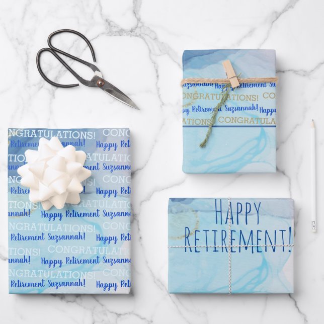 Retirement Blue Gold Geode Watercolor Custom Wrapping Paper Sheet (Front)
