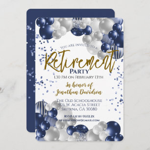 Retirement Blue Silver Gold Balloon Invitation