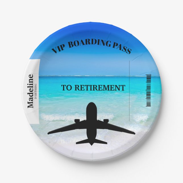 Retirement Boarding Pass Destination Beach Scene  Paper Plate (Front)
