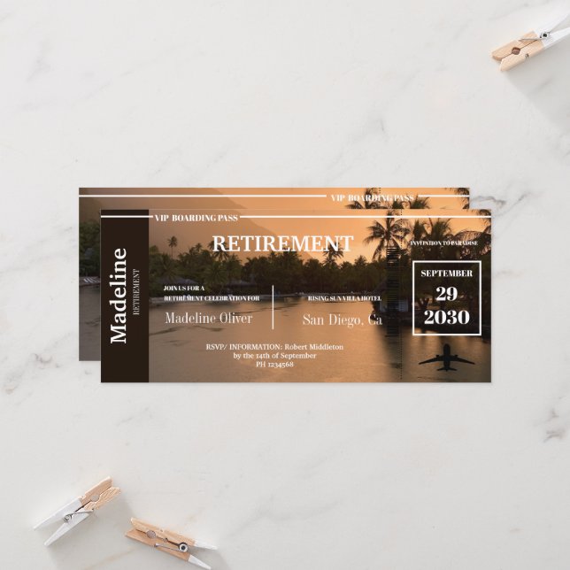 Retirement Boarding Pass Tropical Sunset (Front/Back In Situ)