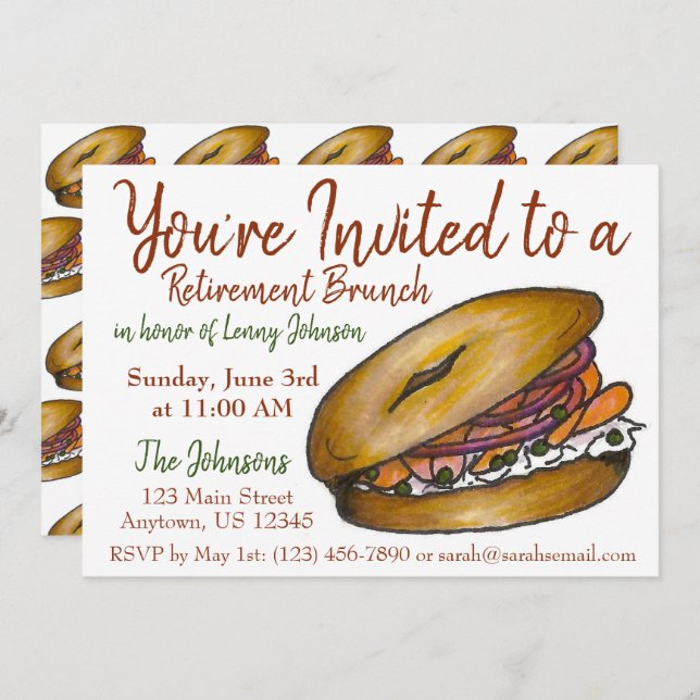 Retirement Breakfast Brunch Bagel Lox Capers Onion Invitation (Front/Back)
