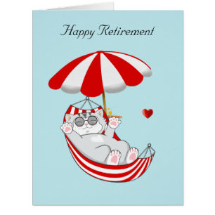 Retirement Cat in Hammock on Light Blue