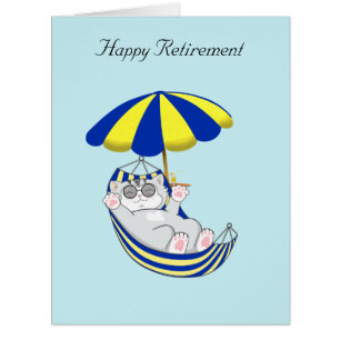 Retirement Cat in Hammock on Light Blue